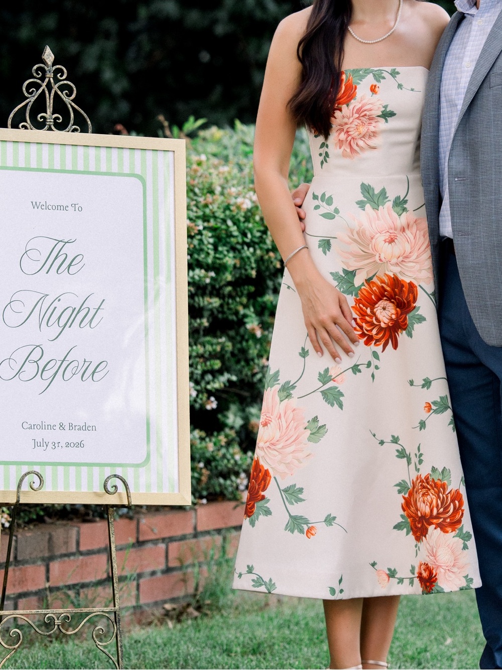 Floral Strapless Cream Midi Dress with Orange & Pink Blooms